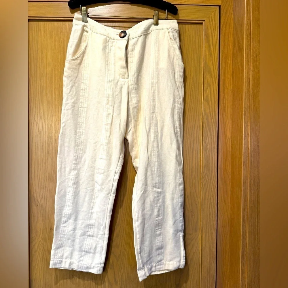 Free People Button Fly Cropped Cotton/Linen Pant Slit Ankle Detail / Medium